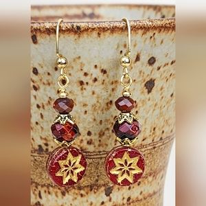 #43 Rustic Red & Gold Star Dangle Hook Style Earrings, Handmade‎